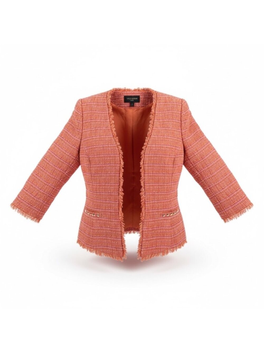 Vince Camuto Womens Orange Tweed Blazer Frayed Edge Gold Stud Details Sz 12P